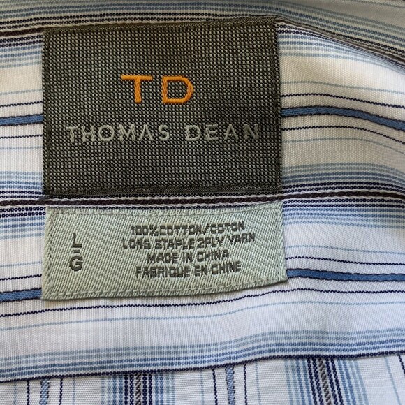 Thomas Dean Button Up Striped Dress Shirt Men Sz Large Flip Cuff Long Sleeve - Picture 10 of 10